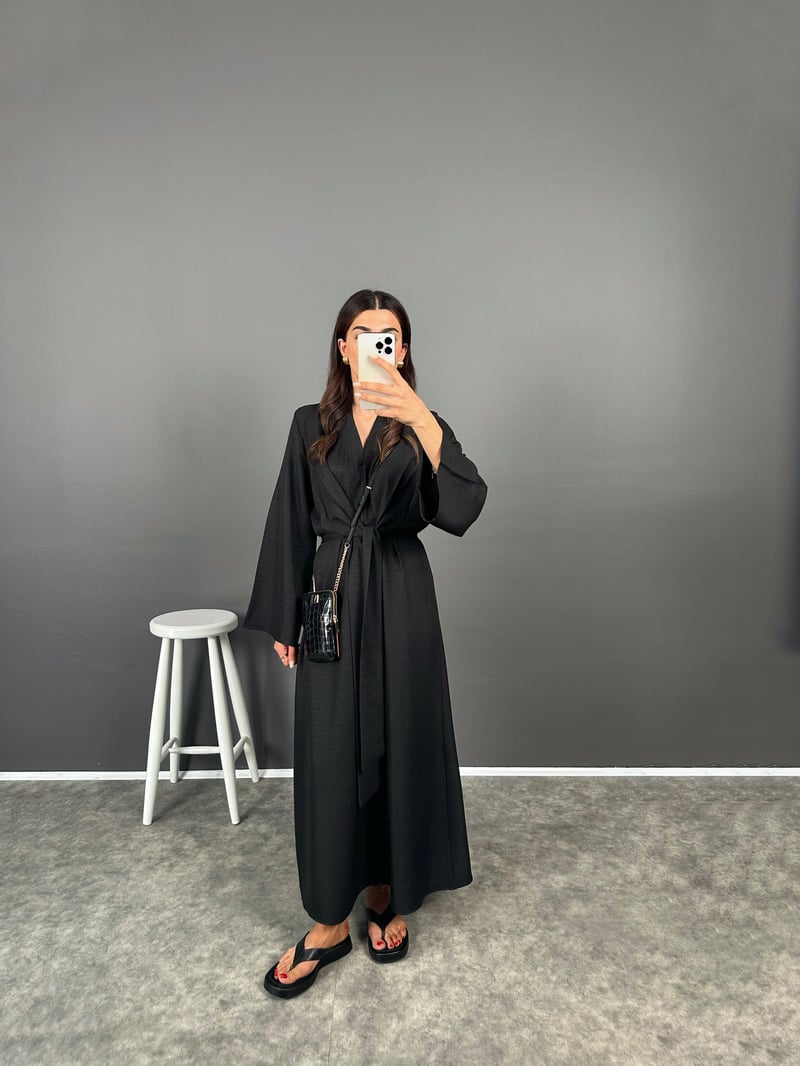 Aury Siyah Önden Bağlamalı Pinterest Keten Elbise