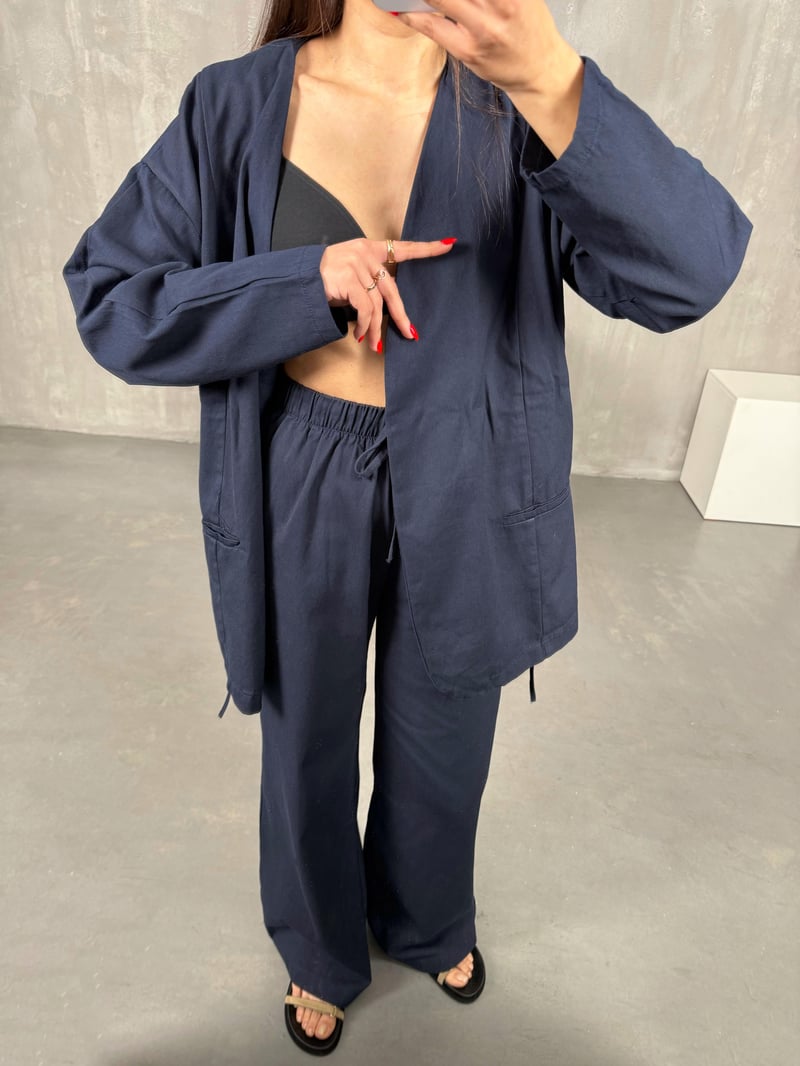 Navy Blue Belted Gabardine Set Gaus00157