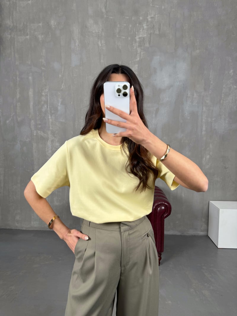 Nivon Sarı Pamuklu Bisiklet Yaka Basic Tshirt