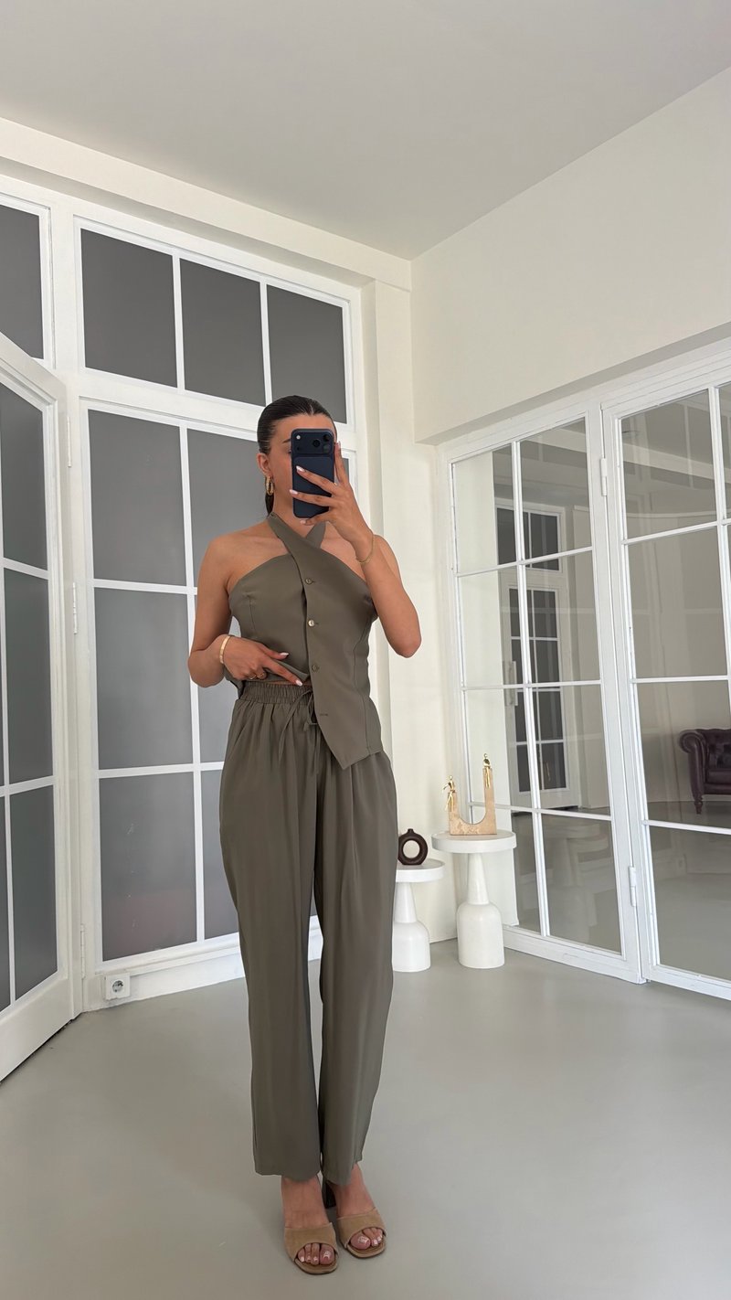 Haki Halter Yaka Yelek Beli Lastikli Pantolon Muadil Takım GAUS-01770