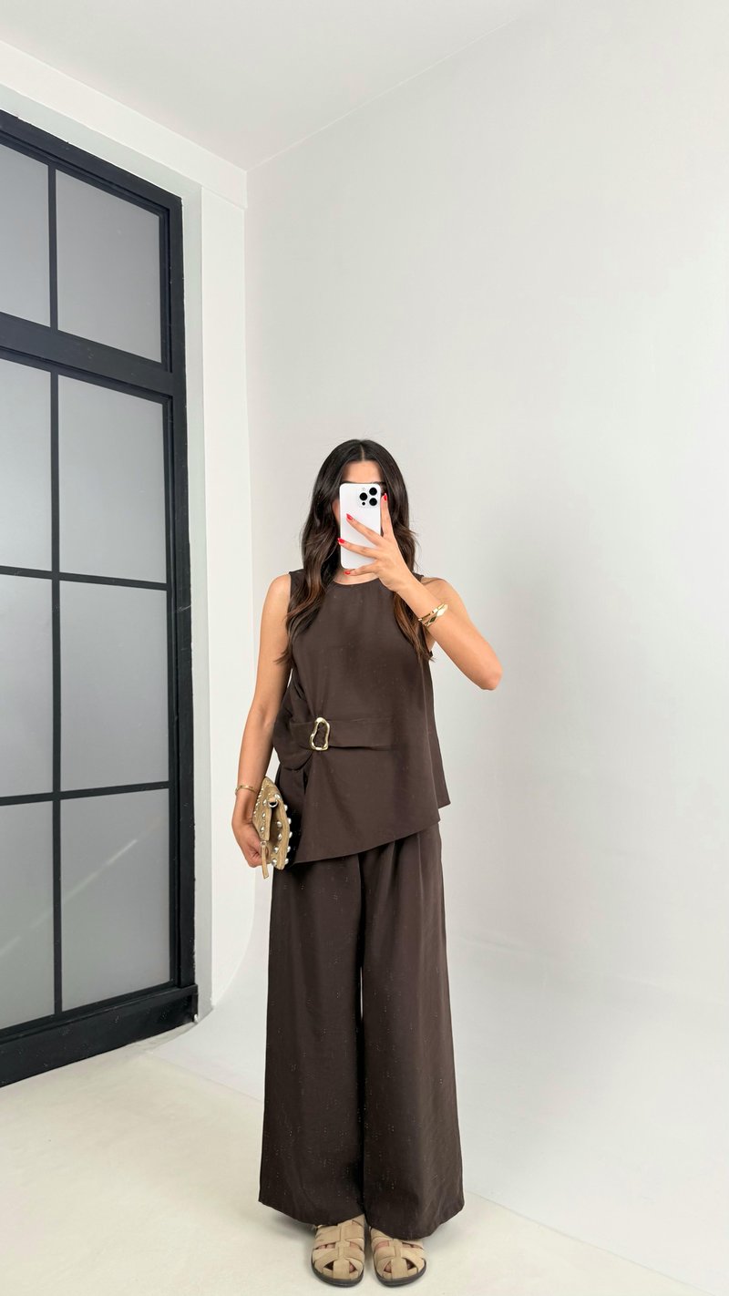 Acı Kahve Gold Detaylı Bluz Balon Pantolon İkili Tencel Takım Gaus00510