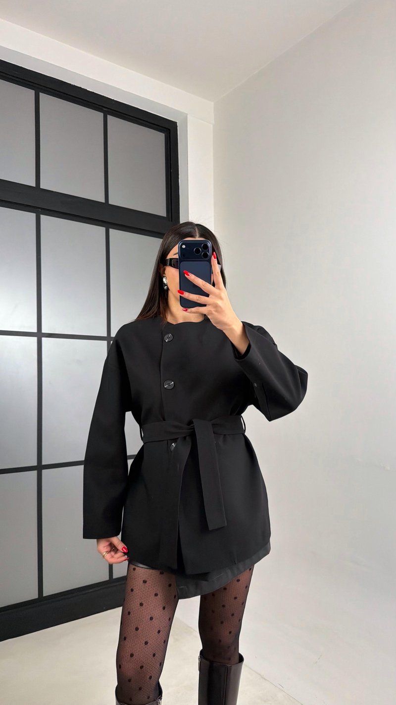 Siyah Astarlı Kemerli Muadil Ceket GAUS-00990