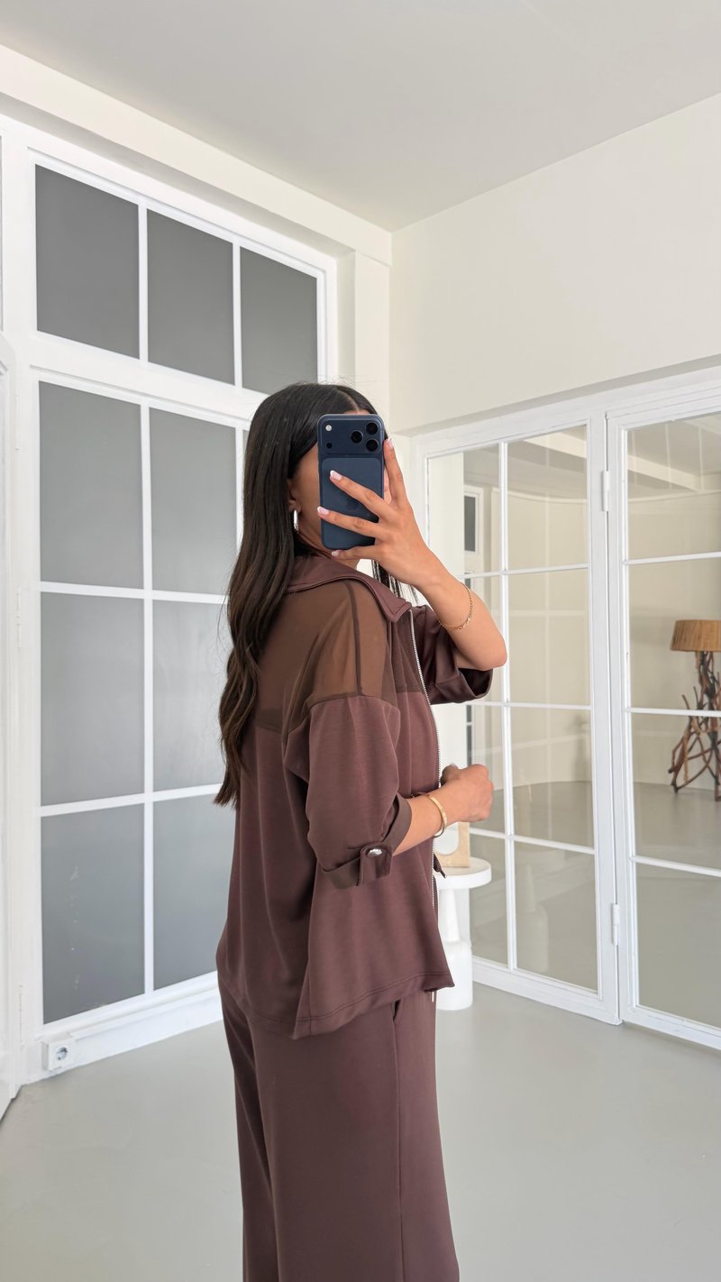 Kahve Fileli Hırka Beli Lastikli Pantolon İkili Modal Takım GAUS-01640