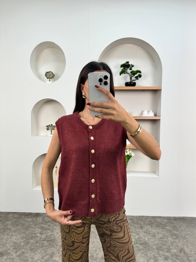 Pame Bordo Düğmeli Yelek Kol Hırka