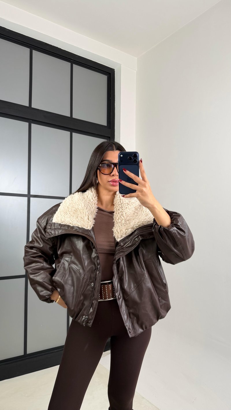 Acı Kahve Kürk Yakalı Astarlı ZR Model Deri Mont GAUS-00698