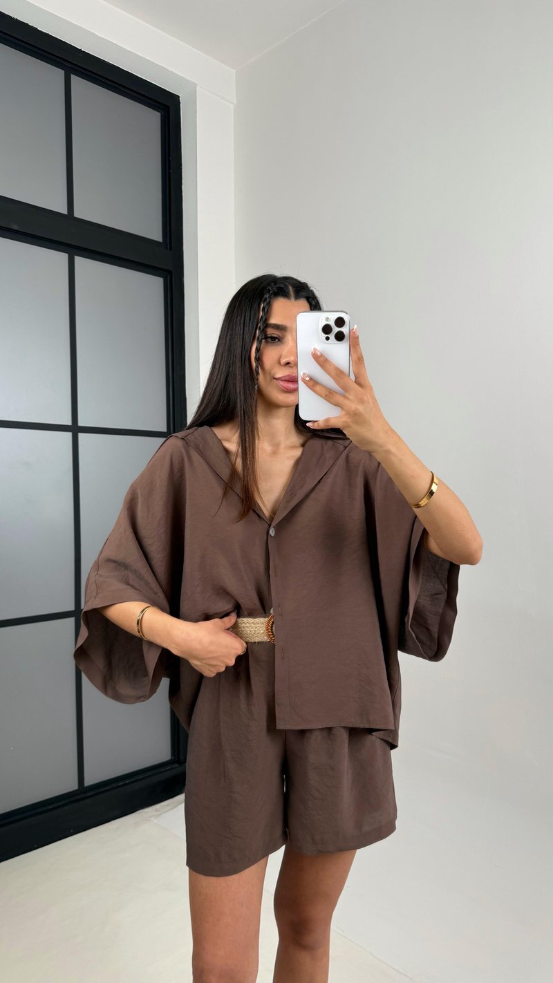 Kahve Gömlek Hasır Kemerli Şort İkili Tencel Takım Gaus00559