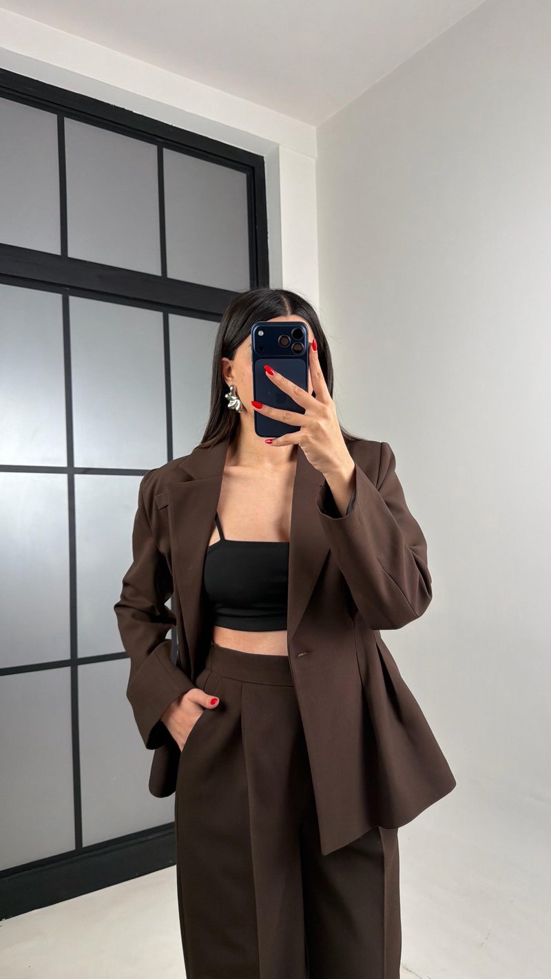 Kahve Vatkalı Astarlı Ceket Beli Lastikli Pantolon Premium Takım GAUS-00982