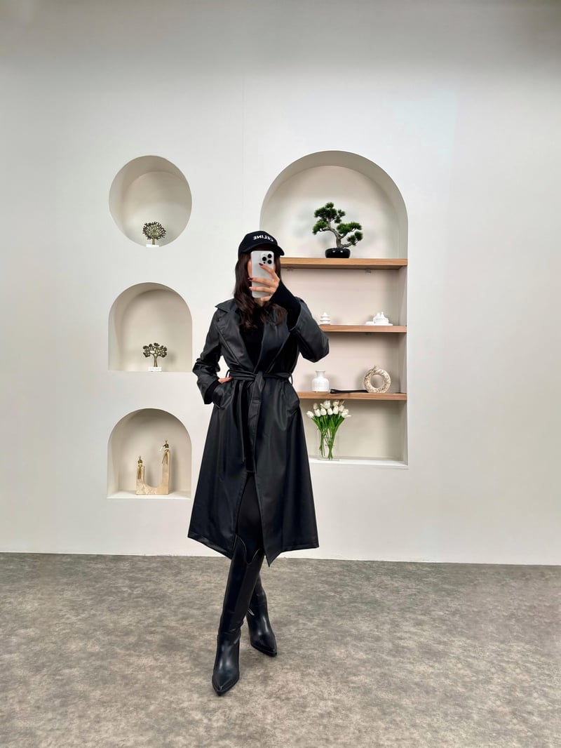 Hailey Siyah Premium Deri Trençkot
