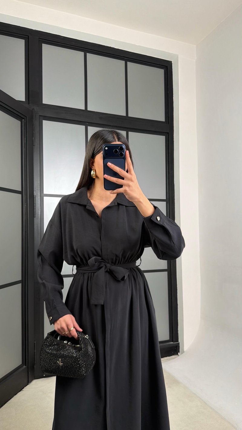 Siyah Beli Lastikli Kuşaklı Tencel Elbise GAUS-01286