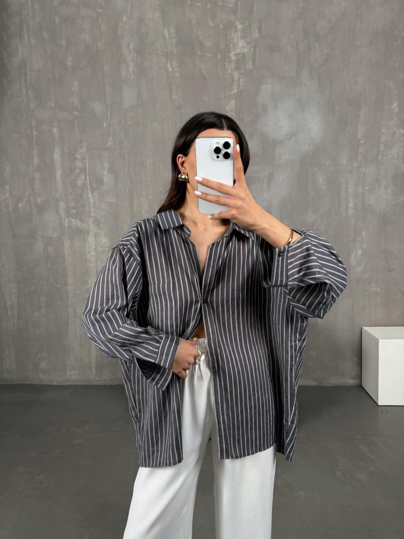 Antrasit Çizgili Oversize Gömlek Gaus0004