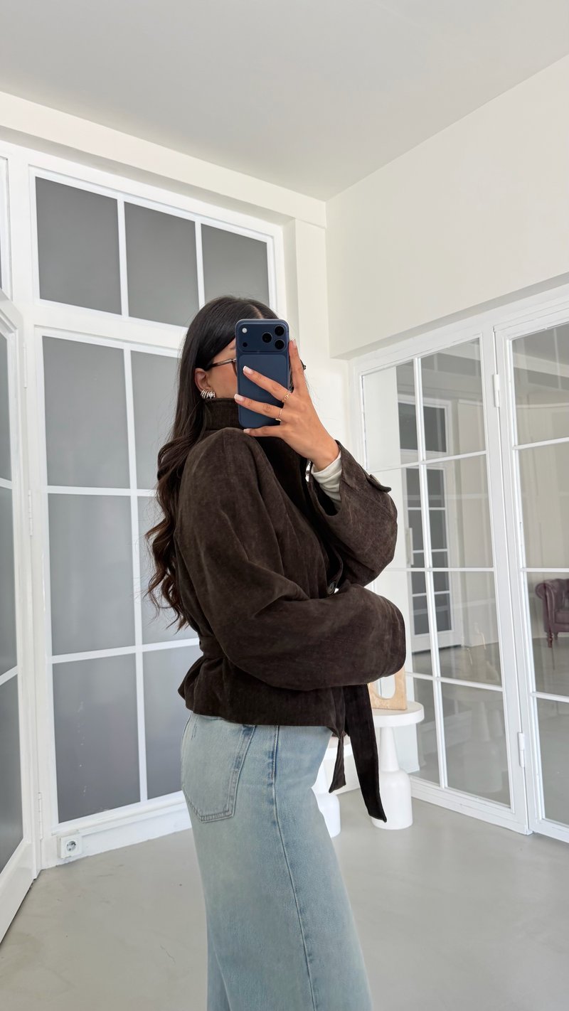 Kahve Kuşaklı Astarlı Dik Yaka Ceket GAUS-02175