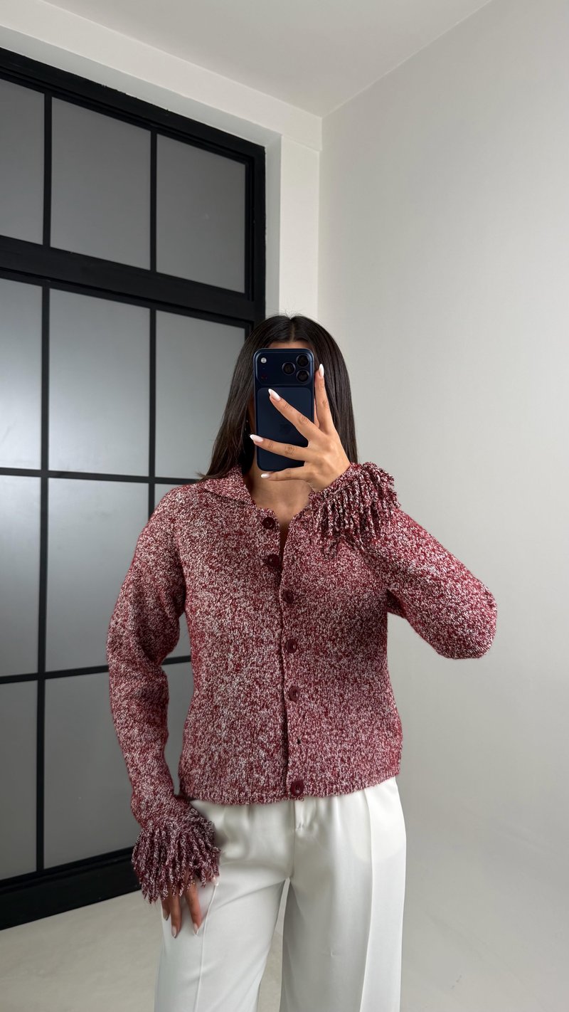 Bordo Kolu Püskül Detaylı Triko Hırka GAUS-00498