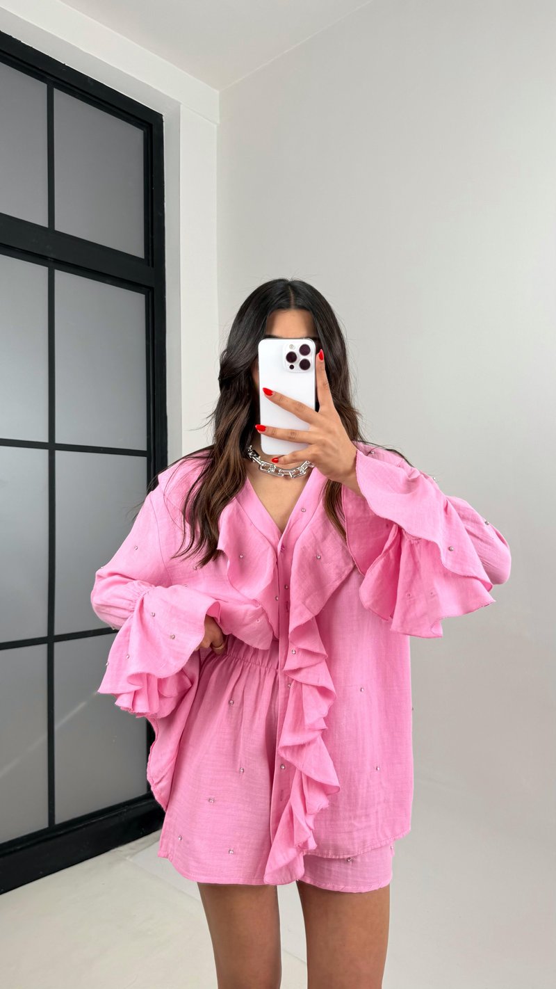 Pembe Yaka Fırfırlı Taş Detaylı Gömlek Şortlu Müslin Takım Gaus00511