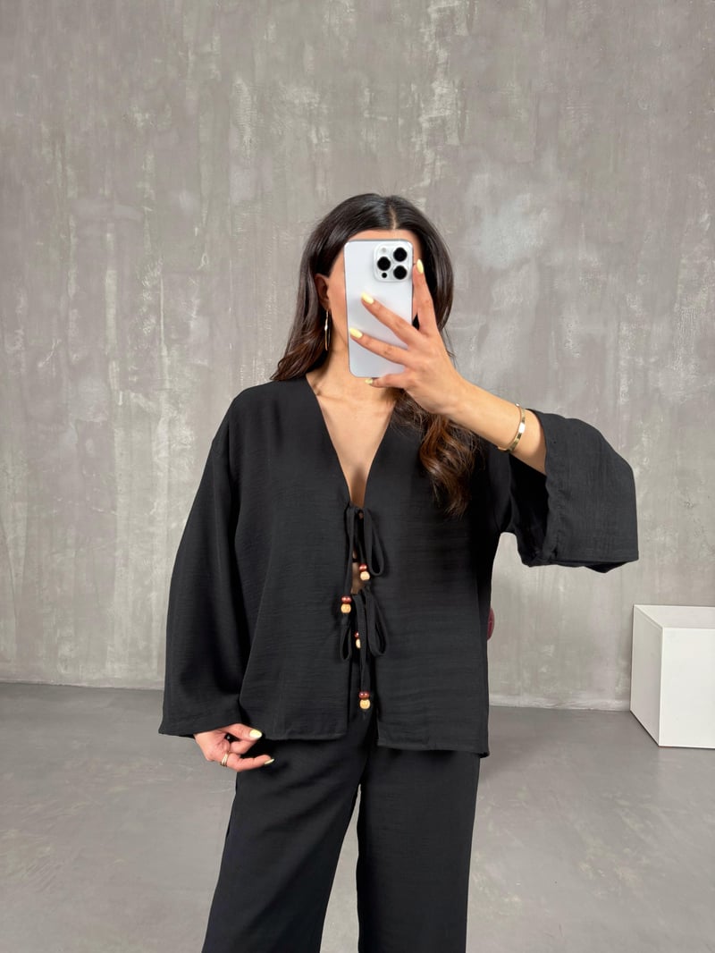 Siyah Önden Bağlamalı Keten Kimono Takım Gaus00101