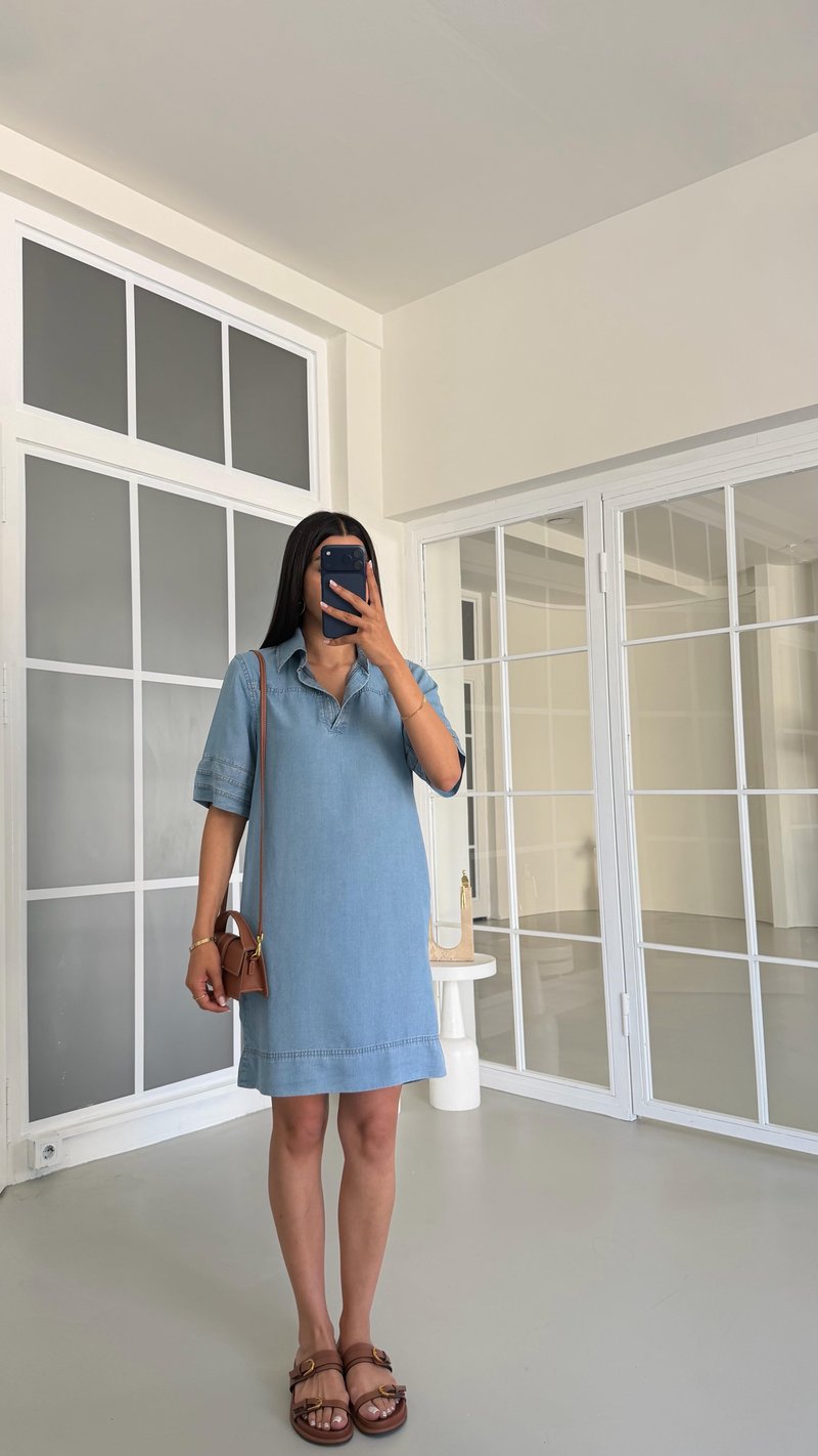 Mavi Polo Yaka Cepli Denim Elbise GAUS-01680