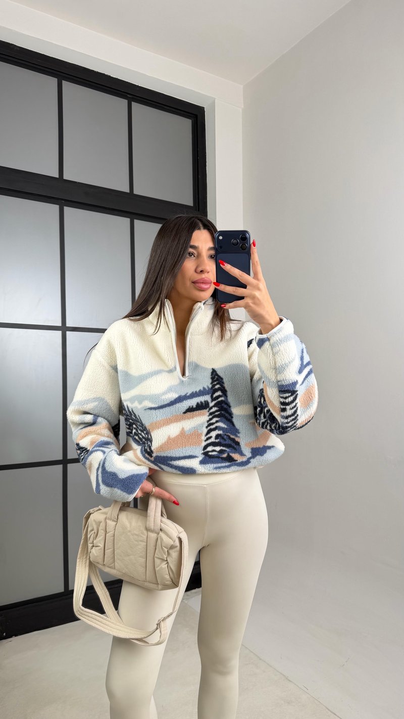 Mavi Fermuarlı Ağaç Desenli Polar Sweatshirt GAUS-00723 GAUS-01021