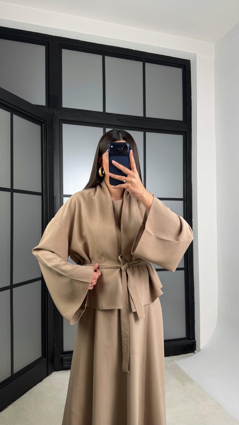 Camel Kuşaklı Ceket Elbise Premium Tencel Takım GAUS-01165