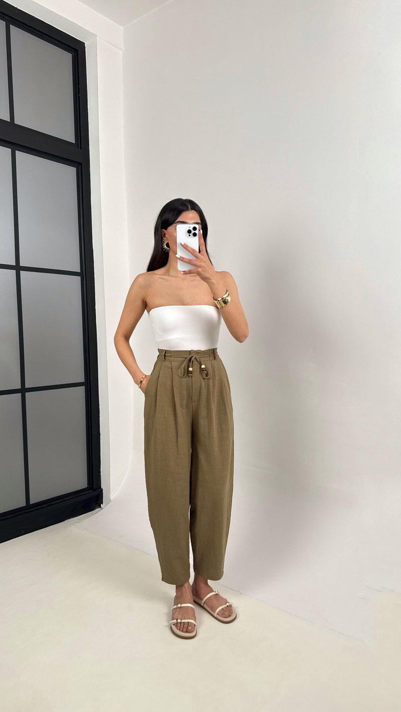 Haki Cepli Kuşaklı Balon Keten Pantolon Gaus00383