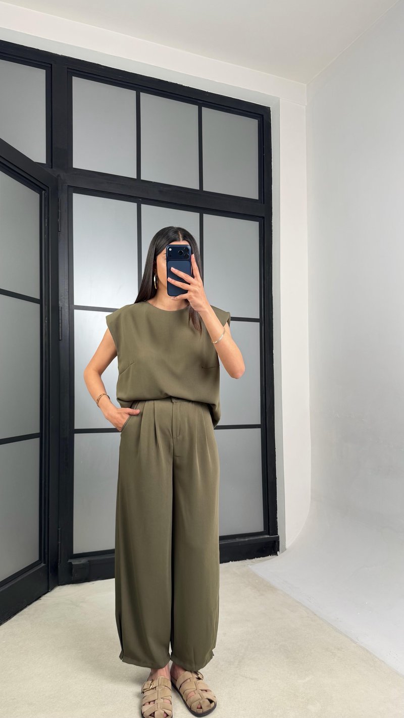 Yeşil Vatkalı Bluz Beli Lastikli Pantolon Krep Kumaş Takım GAUS-01485