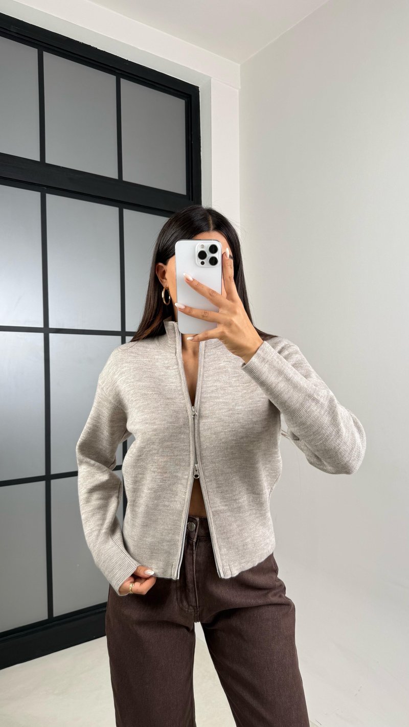 Bej Çift Fermuarlı Triko Hırka GAUS-00534