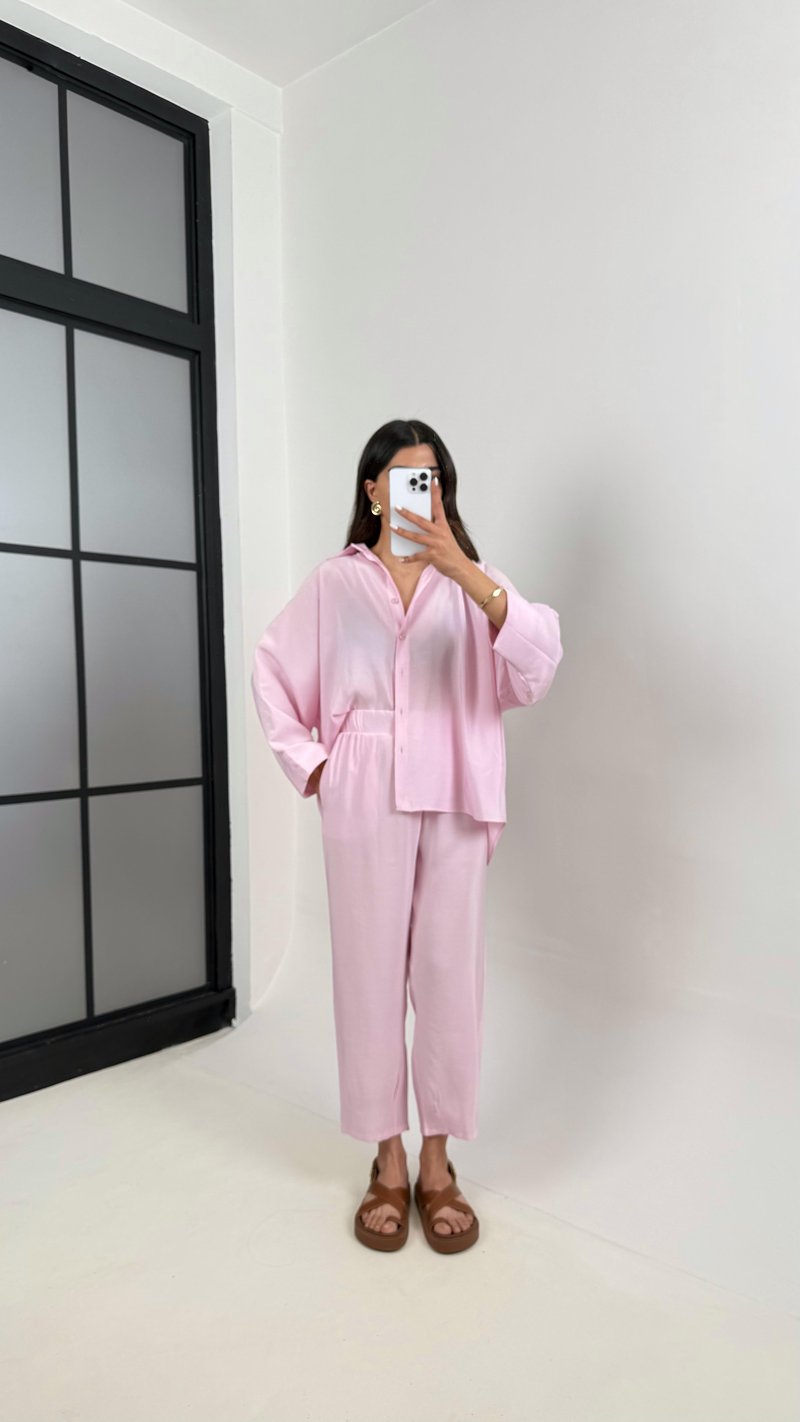 Pembe Önü Düğmeli Gömlek Beli Lastikli Cepli Pantolon MD Muadil Tencel Takım TNCL01 Gaus00390