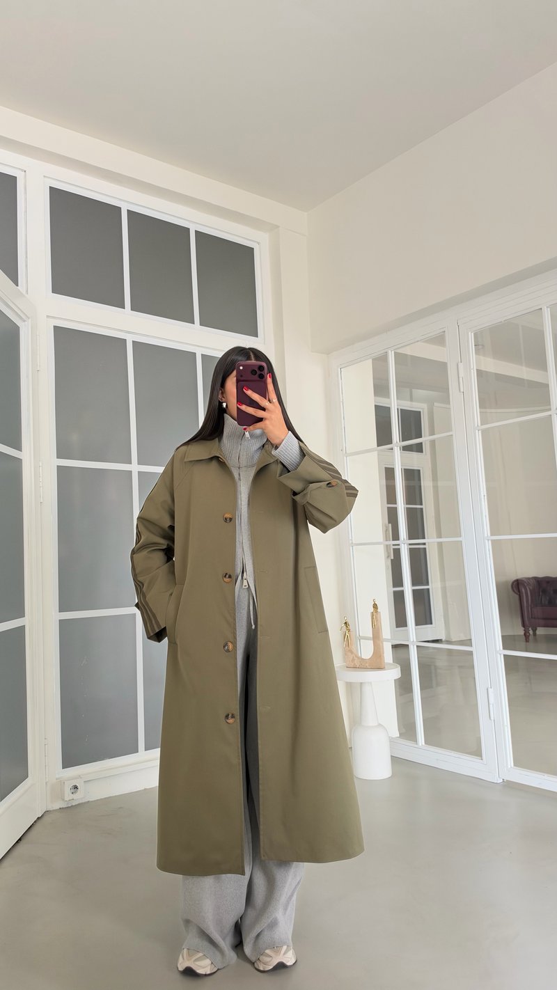 Yeşil Kol Şeritli Astarlı Trençkot GAUS-02245