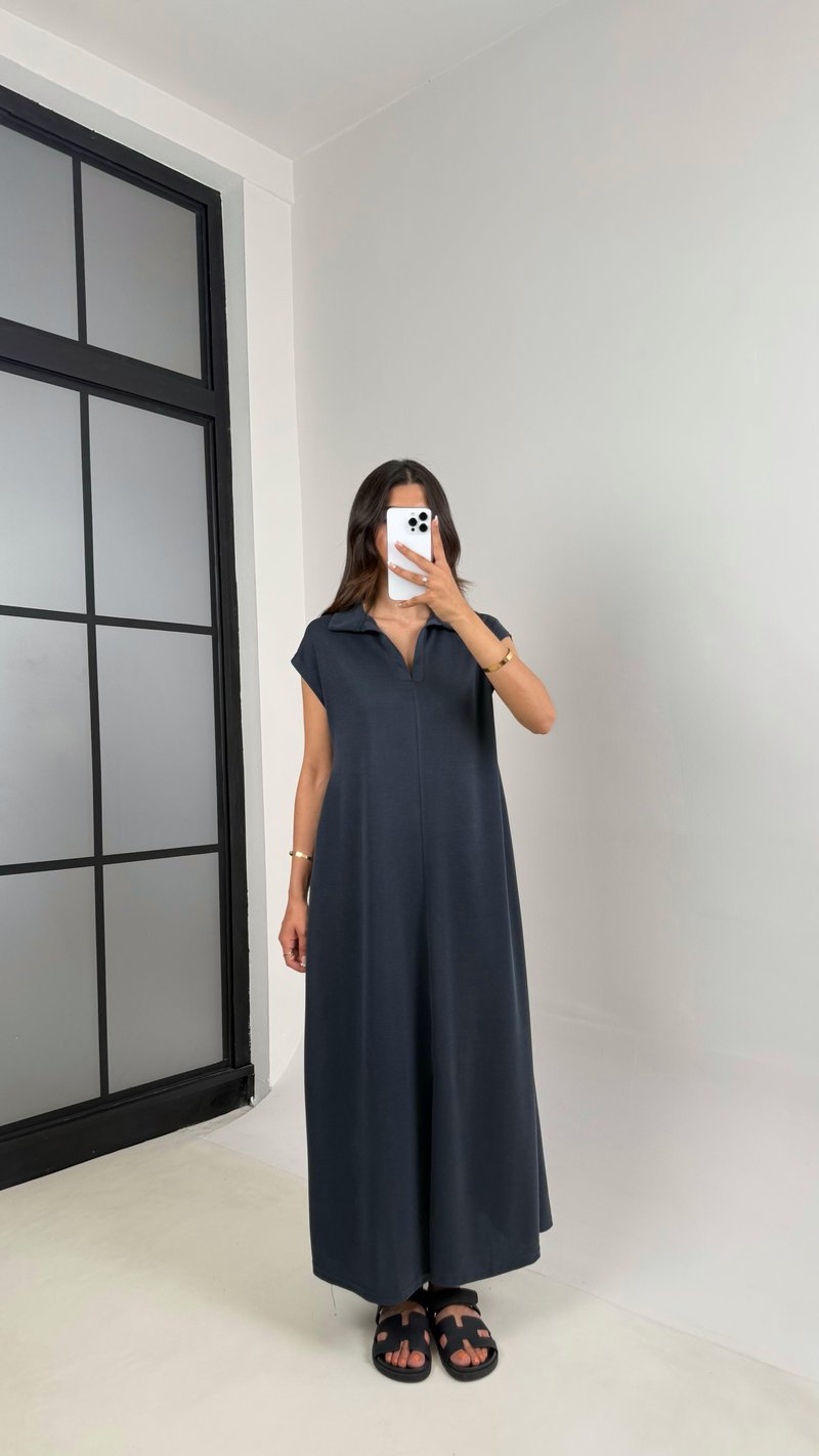 Lacivert MD Muadil Polo Yaka Cepli Basic Elbise Gaus00568
