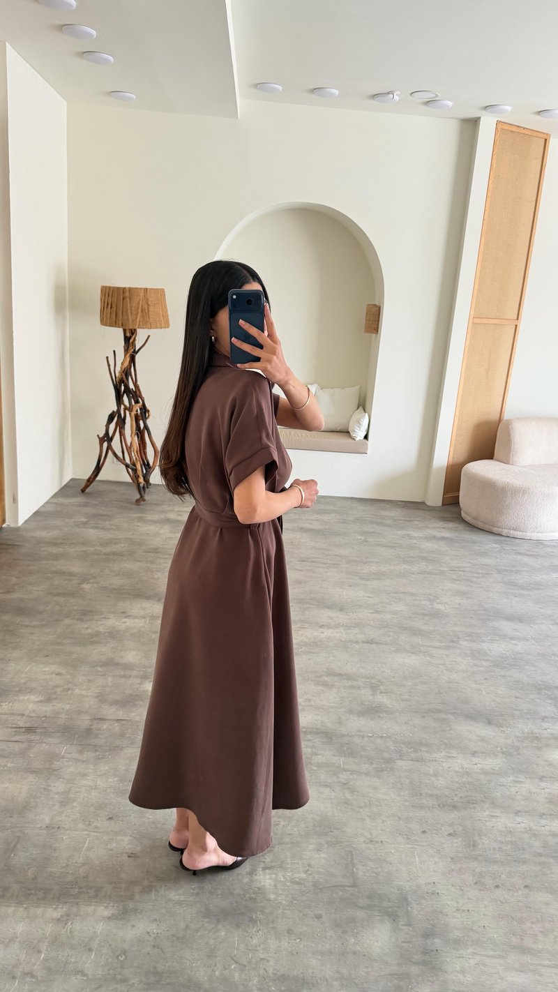 Kahve Polo Yaka Kuşaklı Tencel Kumaş Elbise GAUS-01429