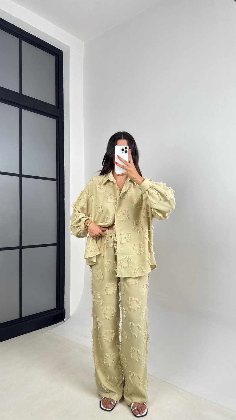 Soft Yeşil Püskülü Taş Detaylı Gömlek Beli Lastikli Pantolon Tasarım Takım GAUS-004