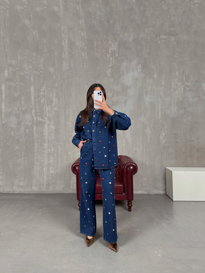 Pares Lacivert Taşlı Tasarım Denim Takım