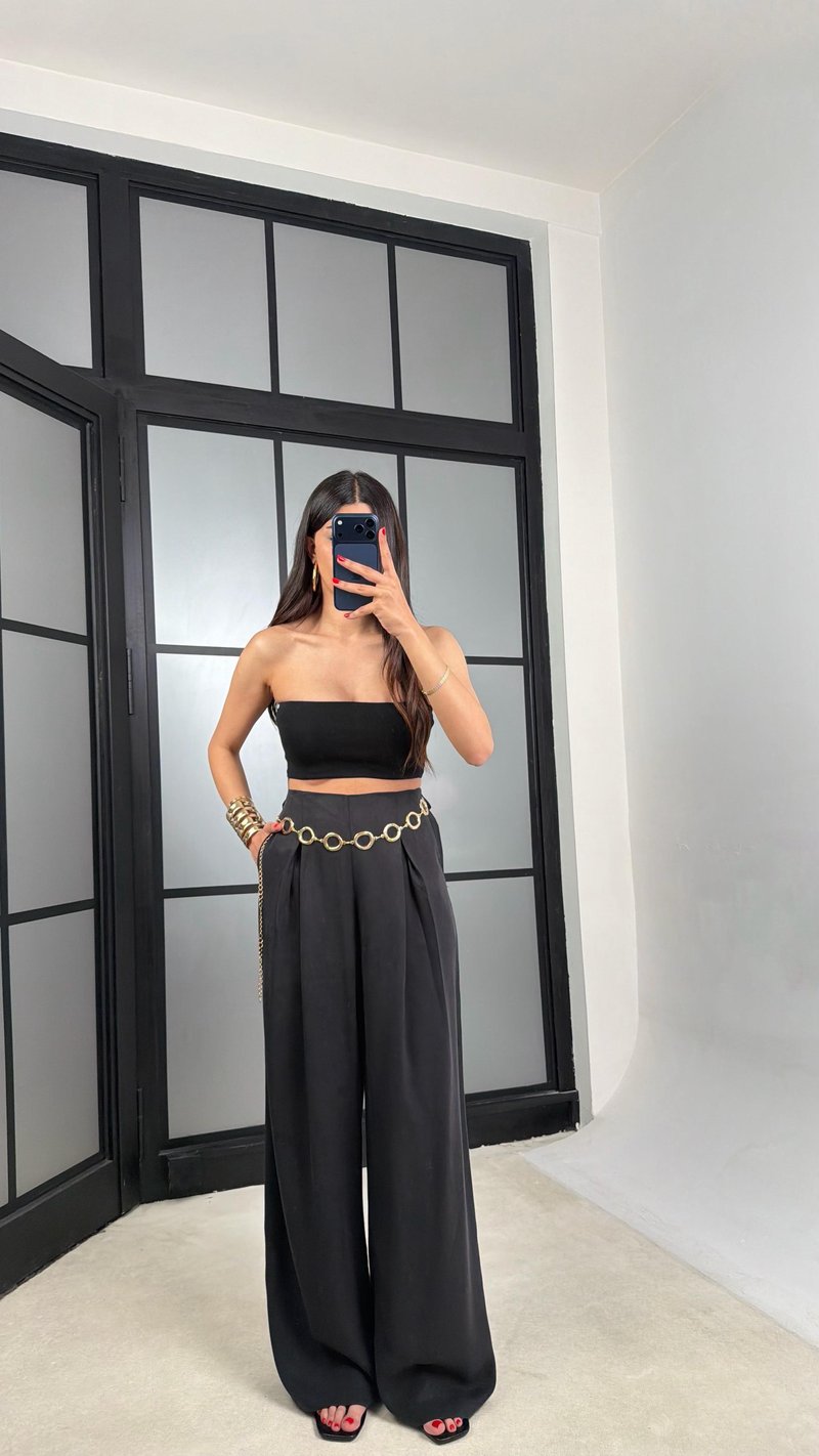 Siyah Gold Zincirli Kemer Muadil Tencel Pantolon GAUS-01556
