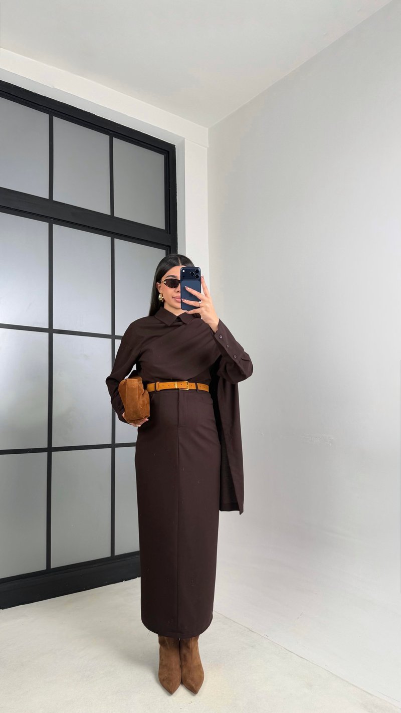 Acı Kahve Manşet Kol Yakası Şallı Gömlek Etek Muadil Takım GAUS-01053 GAUS-01102
