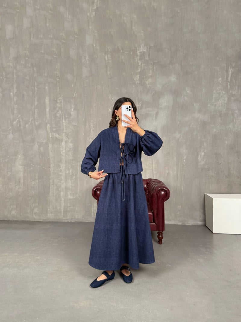 Selene Lacivert Bağlamalı Üst Etek Denim Takım