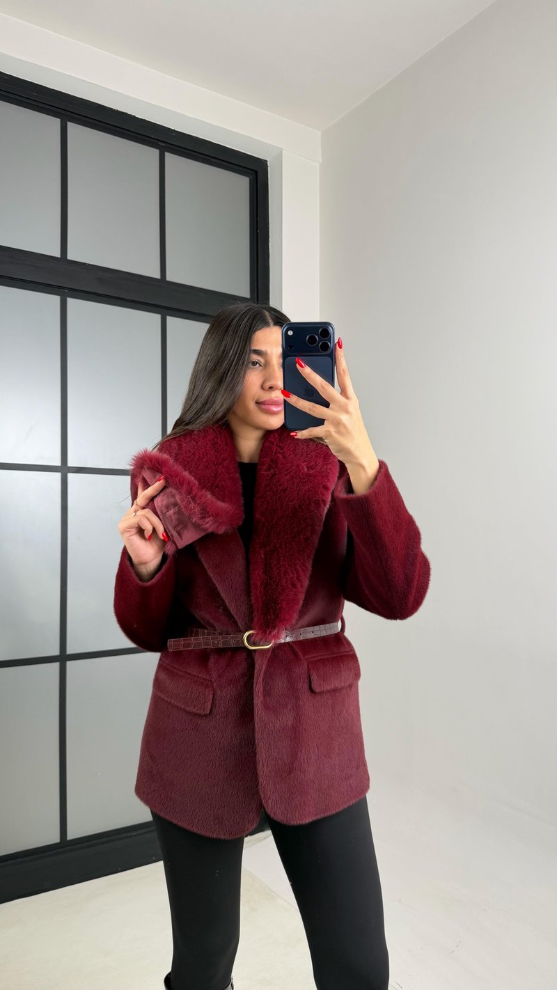 Bordo Astarlı Kemerli Premium Kürk Ceket GAUS-00936