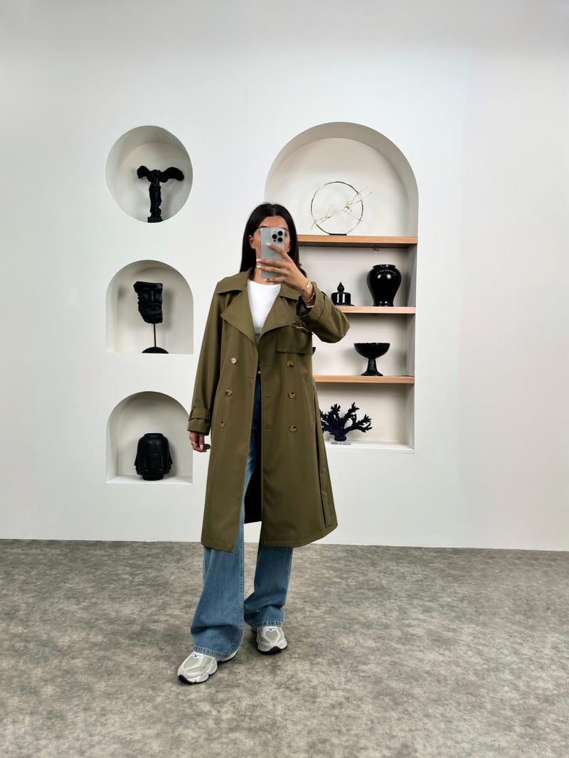 Hana Haki Premium Kemerli Astarlı Muadil Trençkot