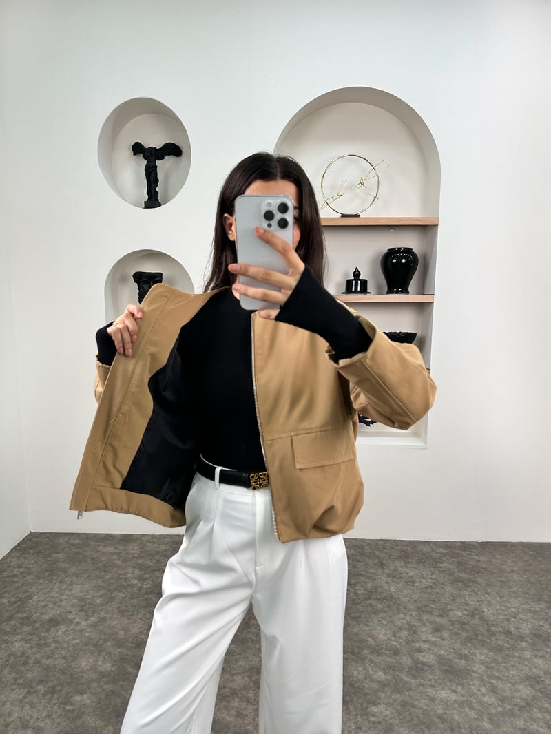 MD Camel Astarlı Fermuarlı Muadil Bomber Ceket