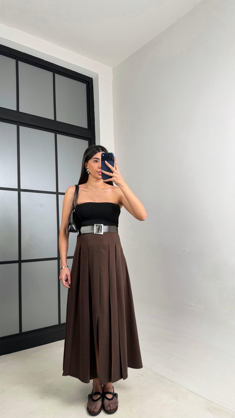 Acı Kahve Deri Kemerli Yırtmaçlı Tencel Etek GAUS-01088
