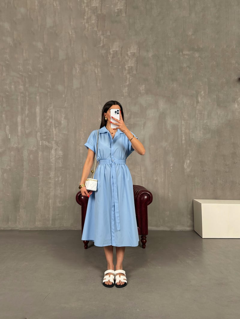 Blue Front Buttoned Belted Shirt Collar Dress with Elastic Waist Gaus00178