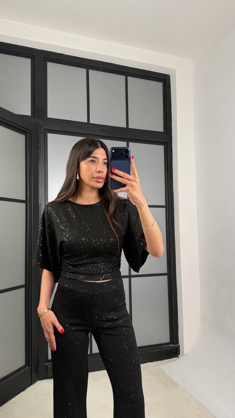 Siyah Simli Bluz Beli Lastikli Pantolon İkili Takım GAUS-01554