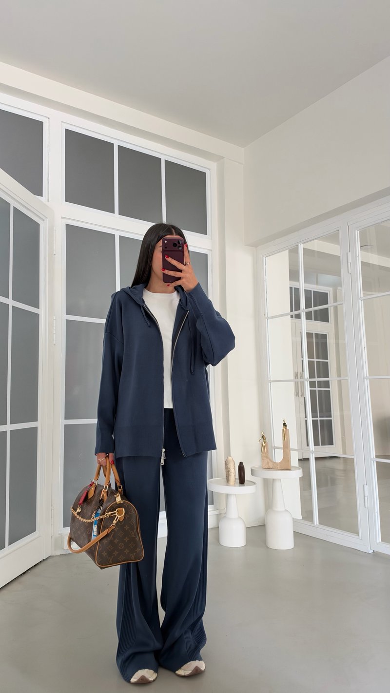 Koyu Mavi Çift Fermuarlı Hırka Beli Lastikli Pantolon İkili Triko Takım GAUS-02294