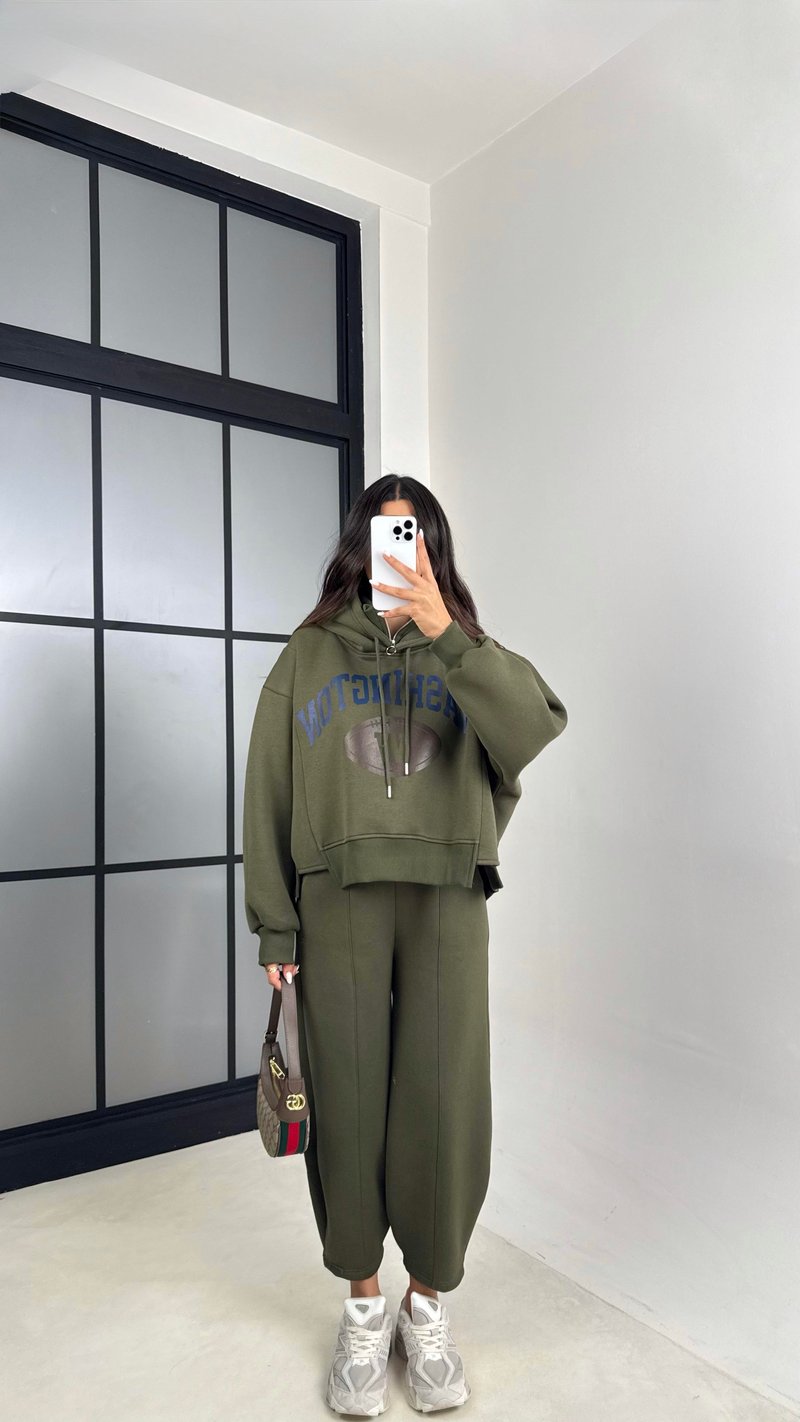 Haki Kapüşonlu Sweatshirt Beli Lastikli Pantolon 3 İplik Şardonlu Takım GAUS-00530