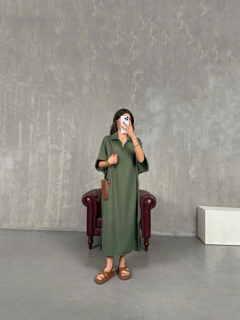 Khaki V Polo Collar Side Slit Linen Dress Gaus00164