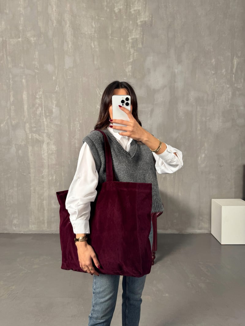 Acı Bordo Süet Astarlı Büyük Boy Çanta