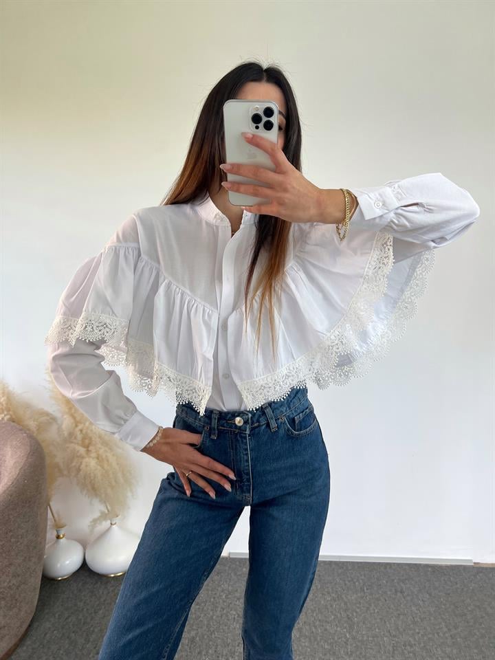 Anelia Beyaz Tasarım Fistolu Gömlek 