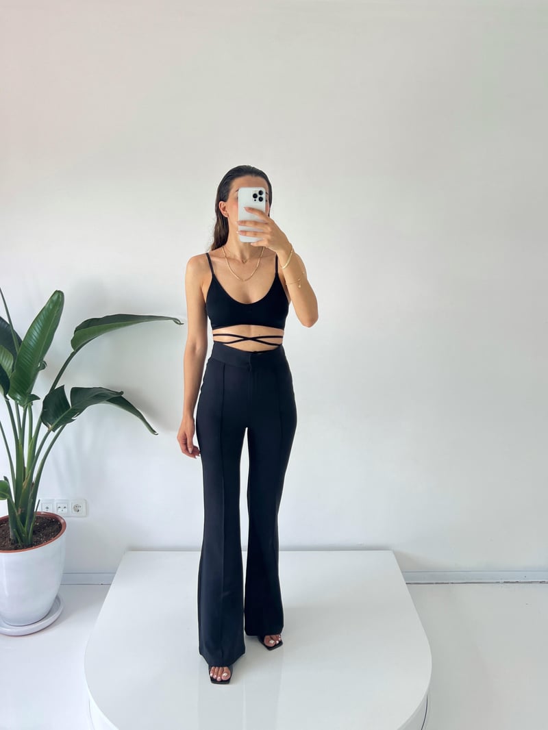 Aymila Siyah Çımalı İspanyol Pantolon 