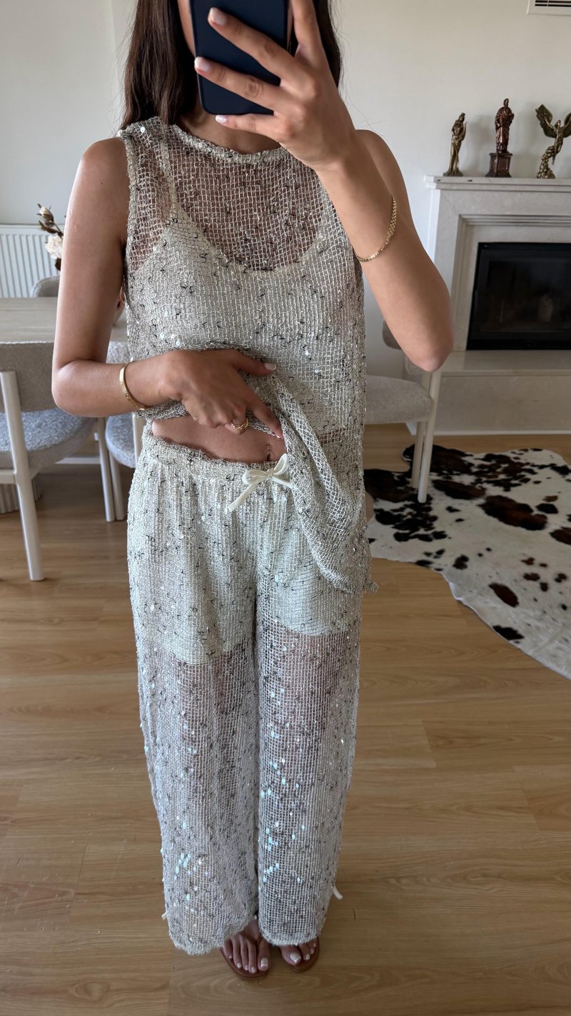 Ekru Muadil Şortlu Pullu Pantolon GAUS-01649