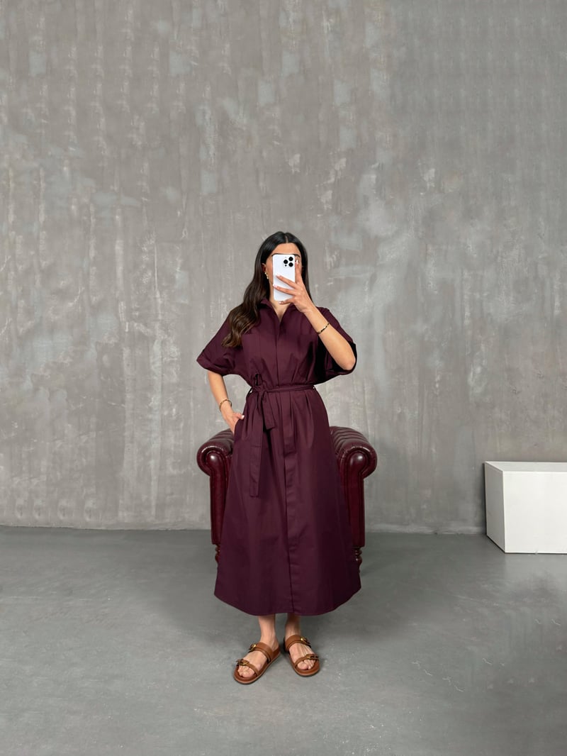 Bordo Cepli Önü Düğmeli Kuşaklı Elbise Gaus00257