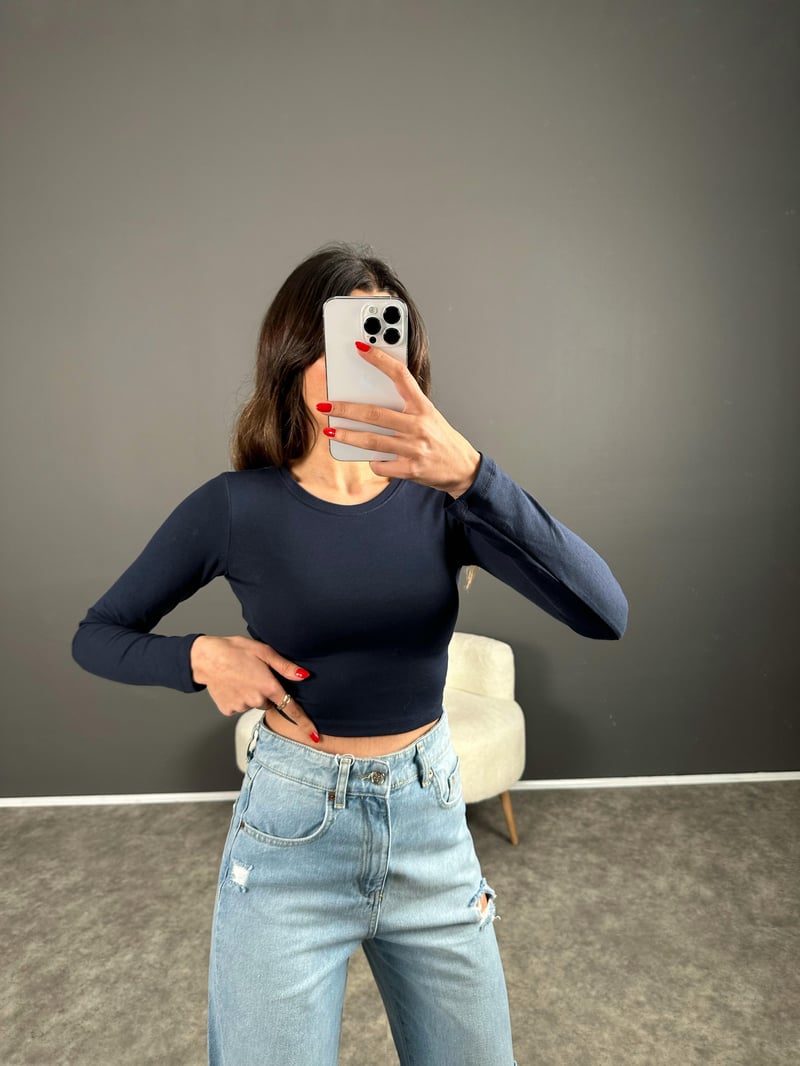 Lacivert ZR Model Basic Uzun Kollu Crop