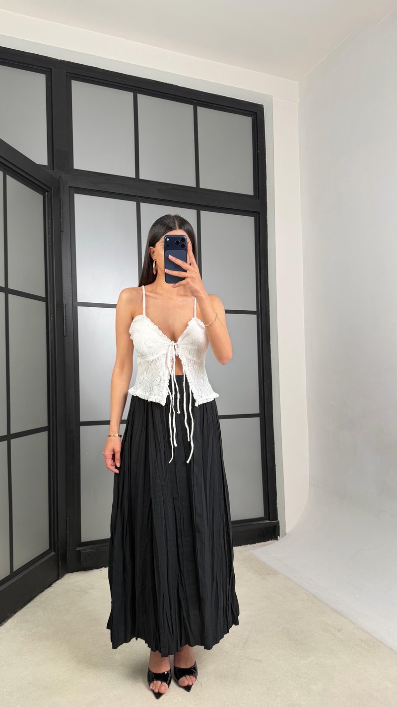 Siyah Beli Lastikli Kırışık Kumaş Etek GAUS-01320