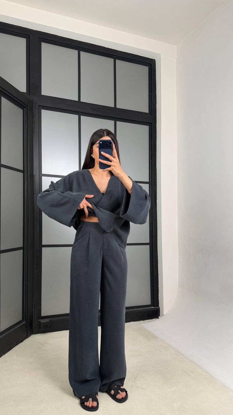 Füme Zımba Detaylı Kimono Pantolon MD Muadil Tencel Takım GAUS-01451